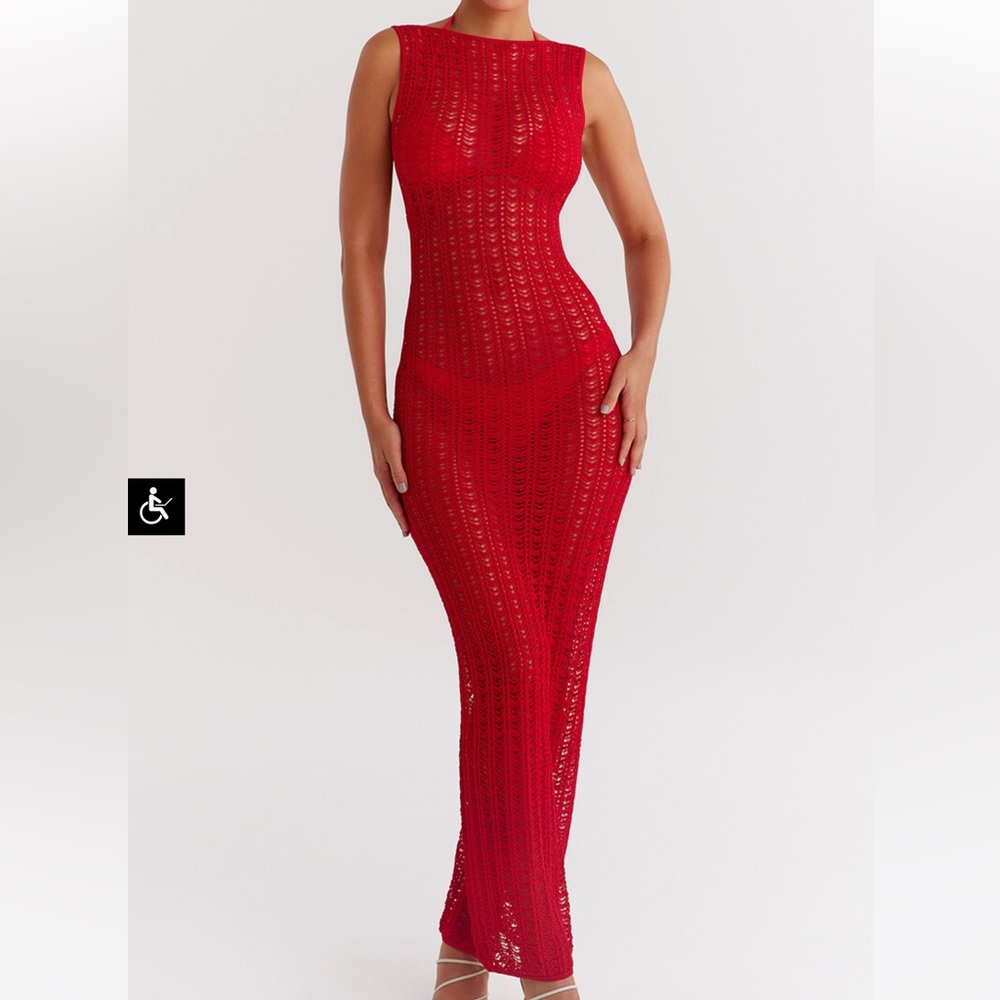 Mistress Rocks - Elegant Red Crochet Maxi Dress